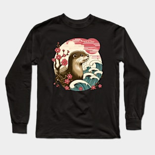 Aquatic Animal Vintage Sunset Art Floral Japanese Otter Long Sleeve T-Shirt